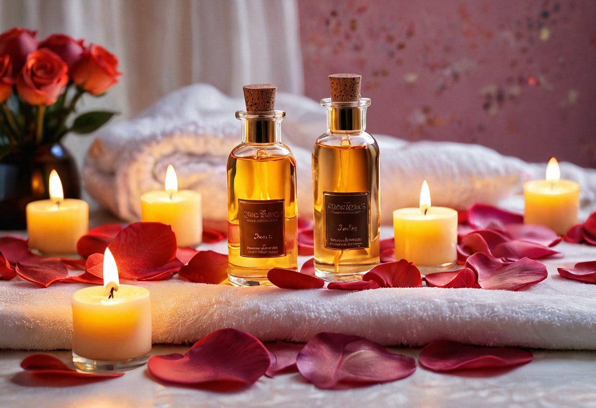 A beautifully arranged display of elegant adult products like luxurious massage oils, tantalizing toys, and intimacy enhancers atop a plush, sensuous fabric. Soft candlelight flickers in the background, casting warm glows on delicate rose petals scattered artfully around the composition. The atmosphere exudes intimacy and allure, inviting exploration and discovery. super-realistic. vibrant colors. soft focus.
