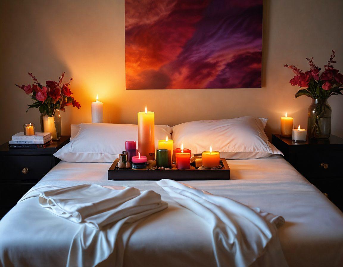 A cozy, inviting bedroom scene with a beautifully arranged candle-lit ambiance featuring intimate massage oils, luxurious silk sheets, and tasteful romantic accessories. A pair of hands gently holding a set of colorful sexual wellness tools, symbolizing closeness and connection between partners. Soft glow lighting enhances the warmth of the scene. super-realistic. vibrant colors. intimate and warm tones.